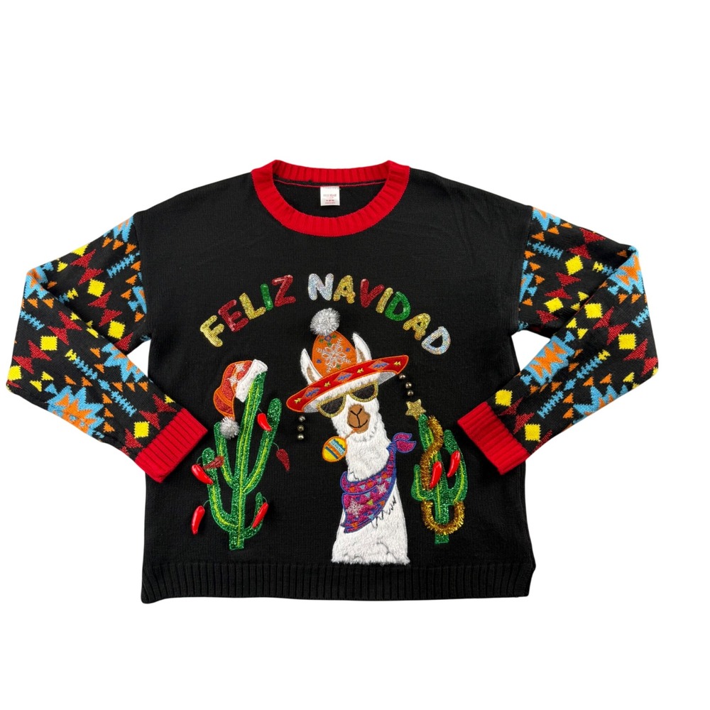 Holiday Time Feliz Navidad Llama Ugly Christmas Sweater Black Womens Medium 8-10